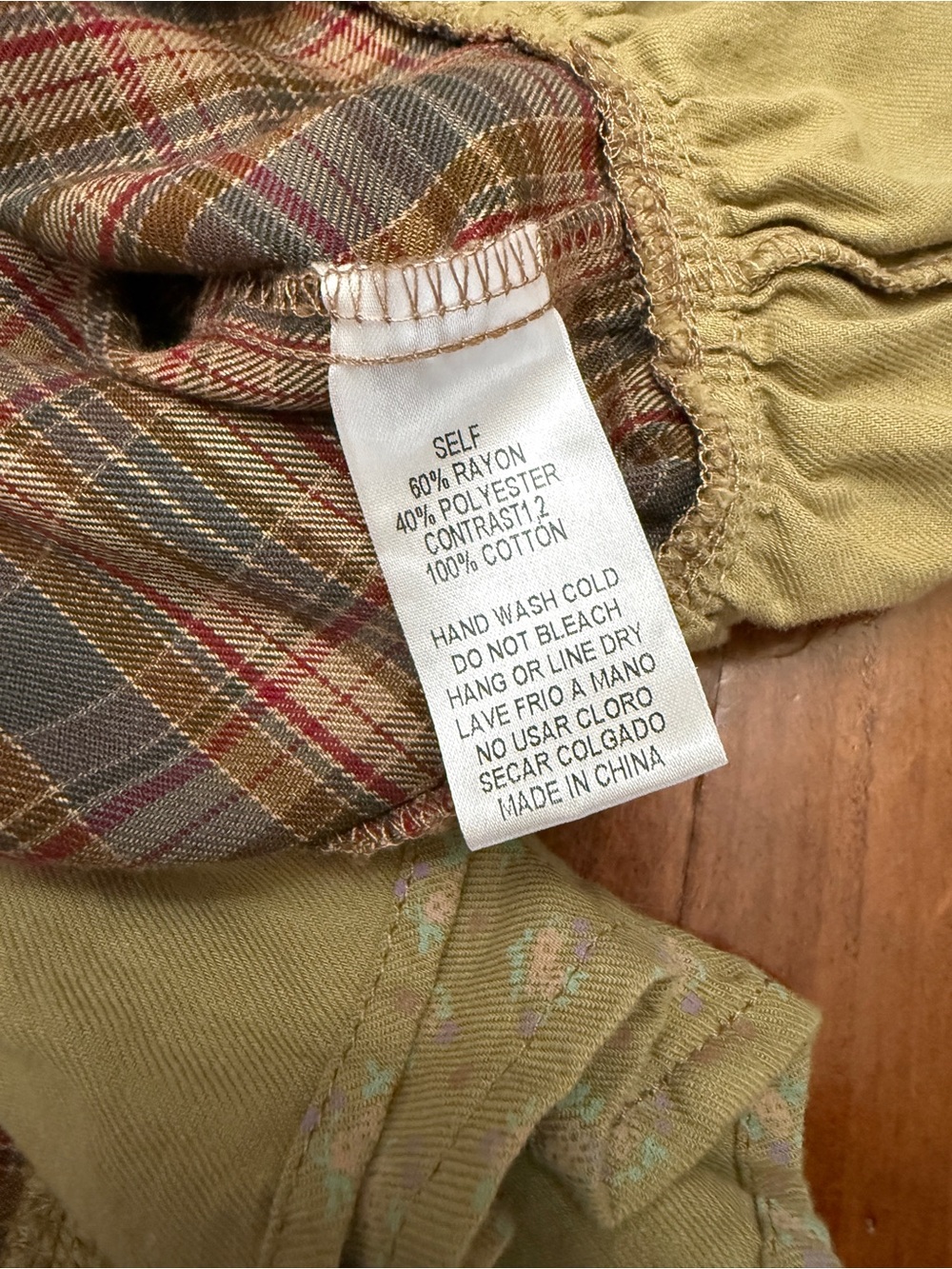 easel Plaid Button-Down Top with Floral Appliqué in Brown and Olive - Picture 9 of 9
